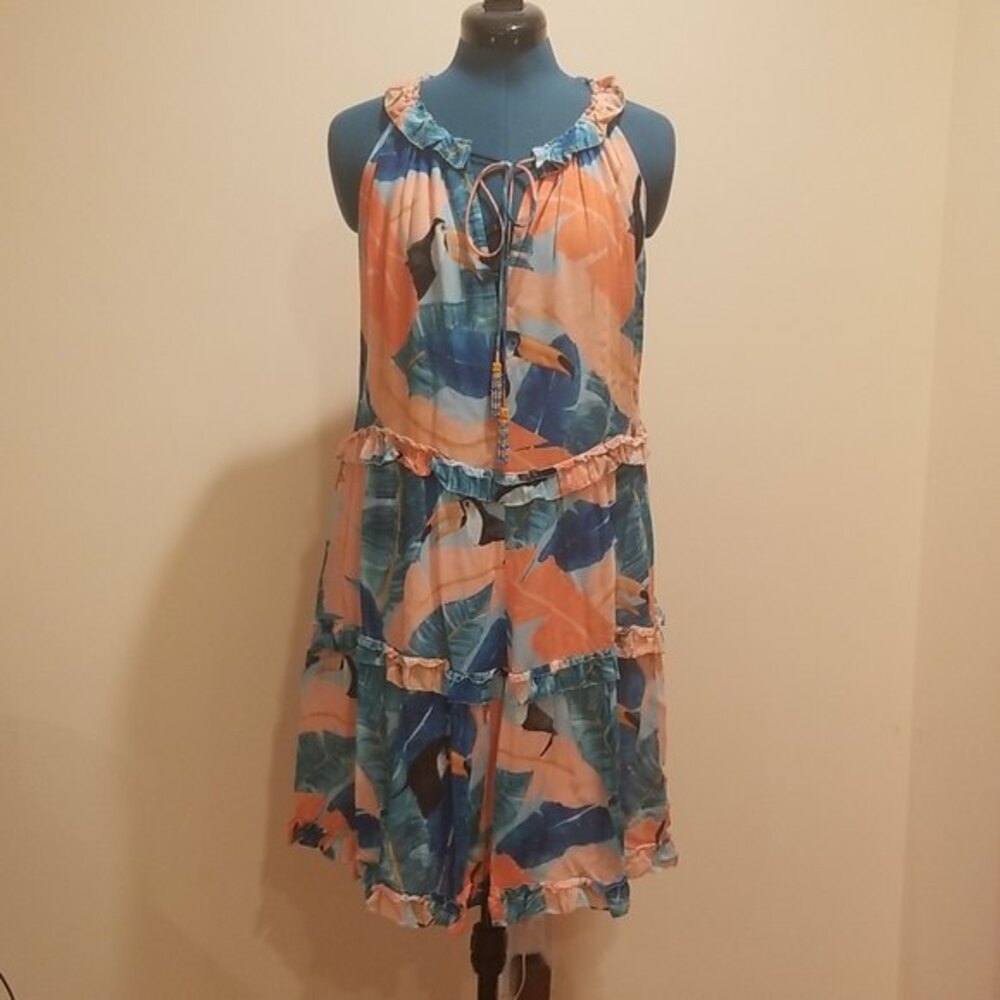 FARM Rio Brazil Orange Peach Blue Beaded Tassel Toucan Mini Dress Tropical, M - Picture 3 of 14